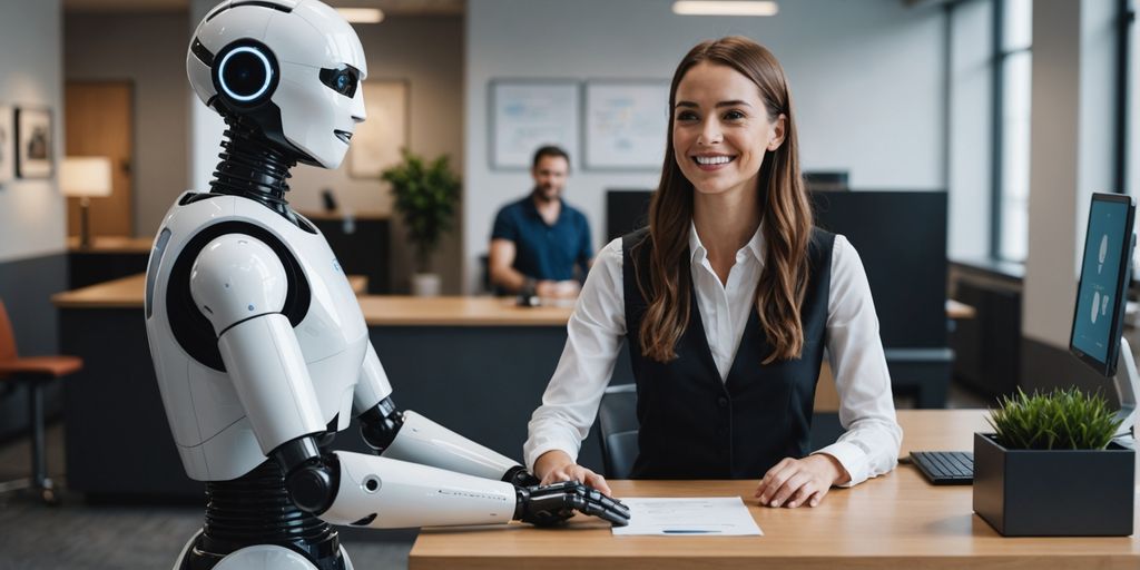 AI robot with receptionist in office.