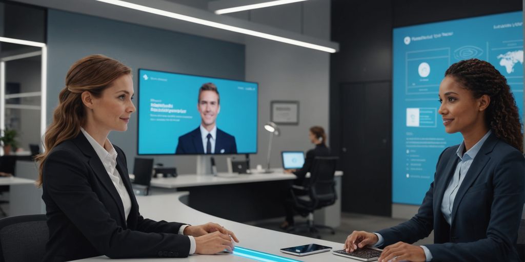 AI hologram receptionist in a professional office