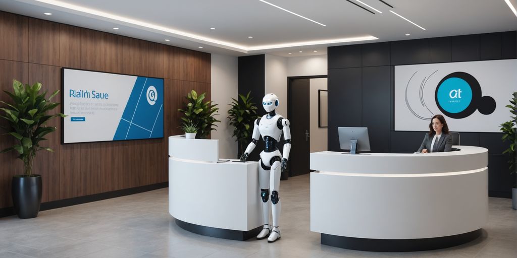 AI robot receptionist in a modern office lobby.
