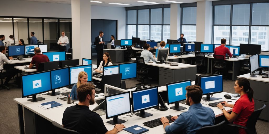 Professionals collaborating in a modern office