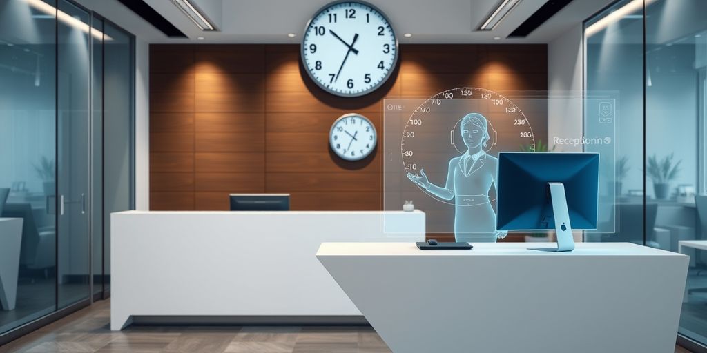 Virtual receptionist hologram in a modern office