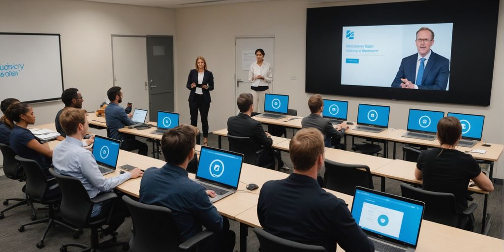 Group training session with laptops and presentation screens.