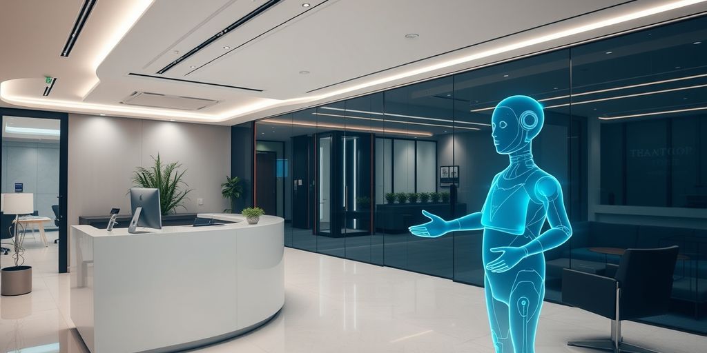 AI hologram at office reception desk