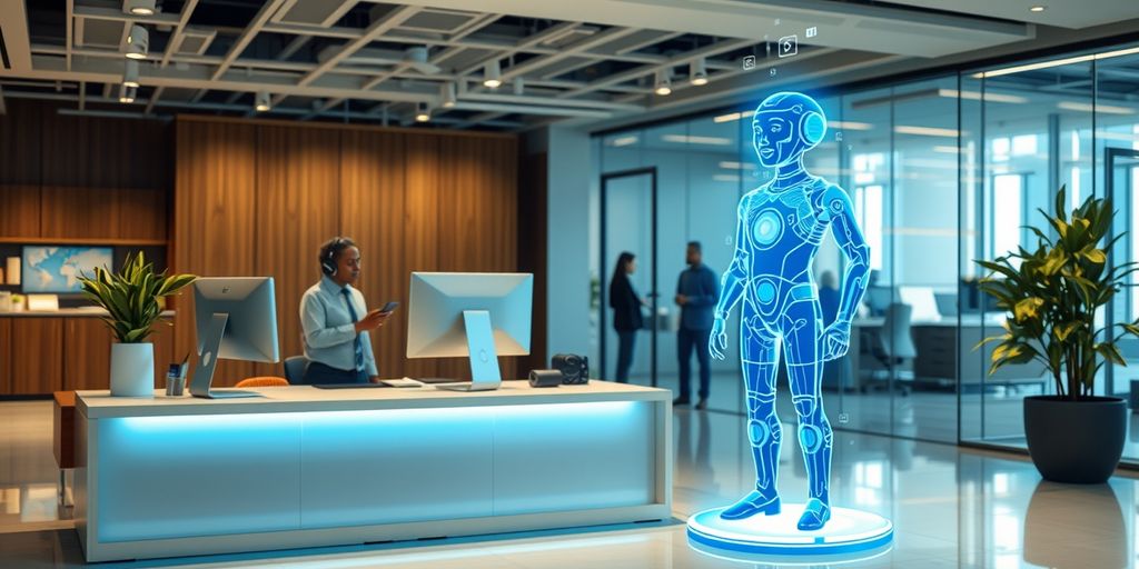 AI hologram assisting visitor at office reception