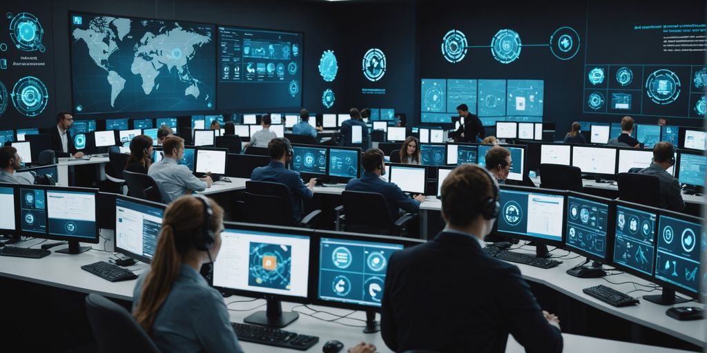 Customer support center with automation icons.