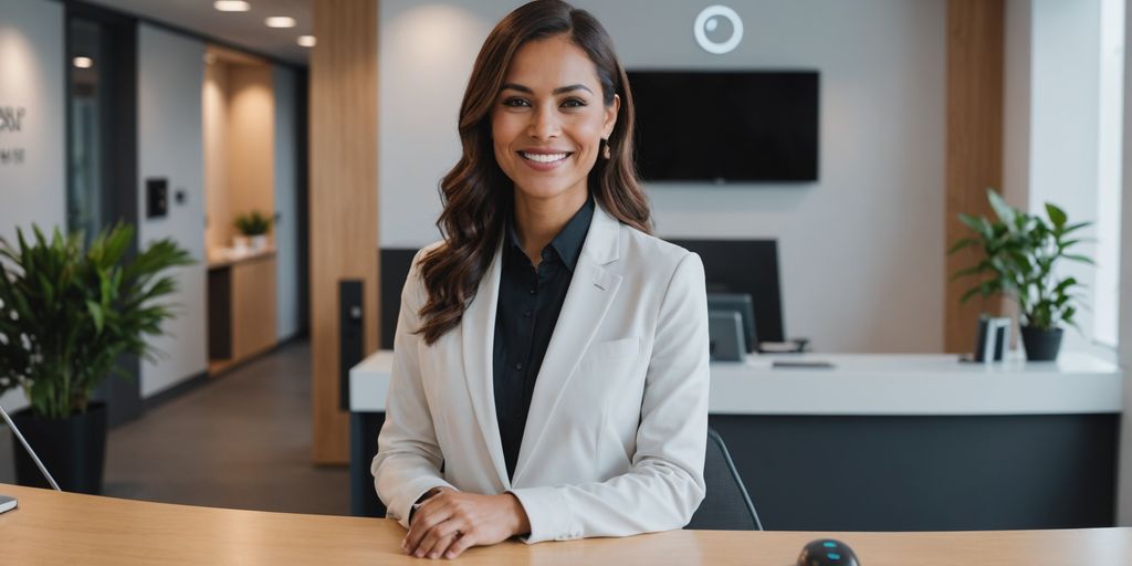 AI receptionist smiling behind a modern desk