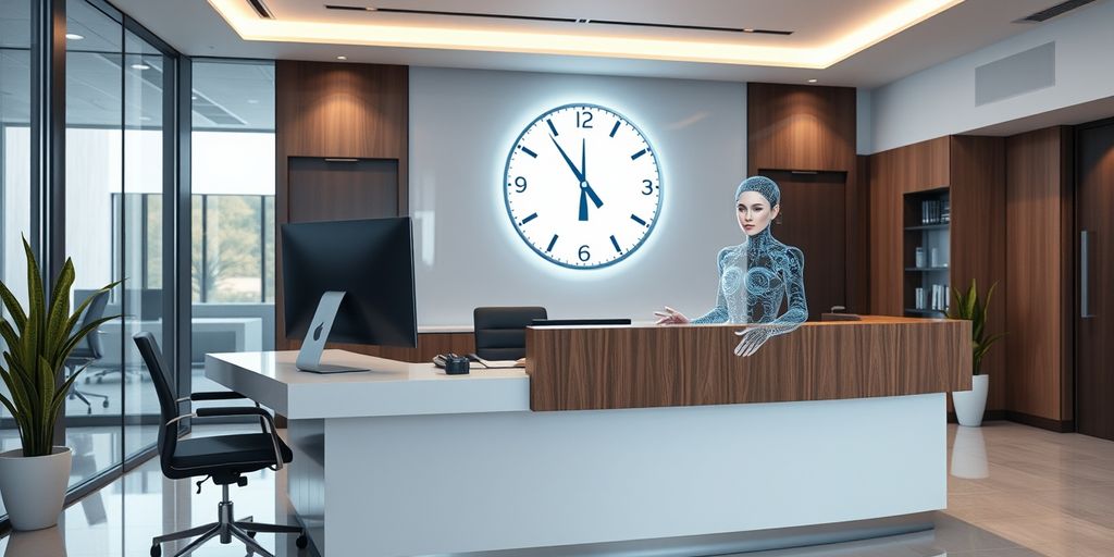 AI hologram receptionist in a modern office