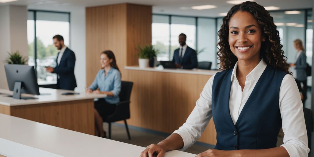 AI receptionist smiling at diverse group in office