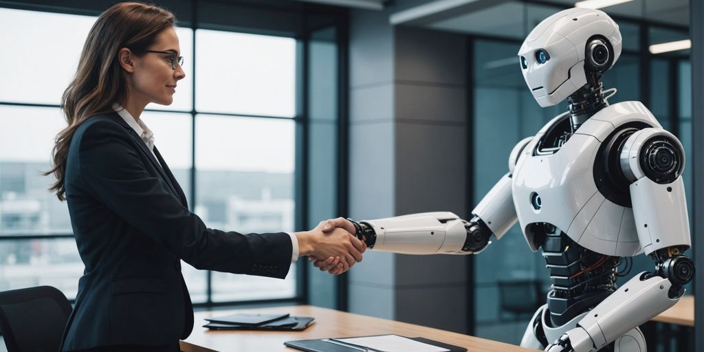 Business professional shaking hands with a robot