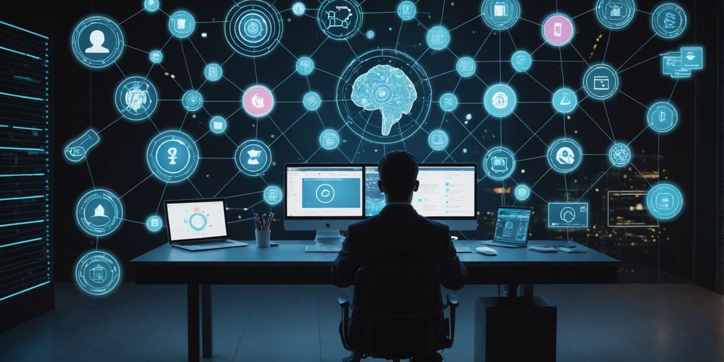 Person at desk with AI holographic icons