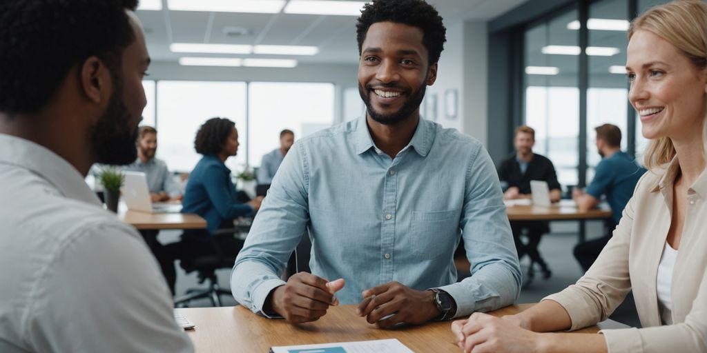 AI assistant engaging with customers in a bright office.