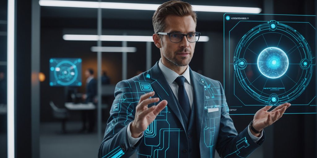 Professional with AI hologram, symbolizing instant expertise.