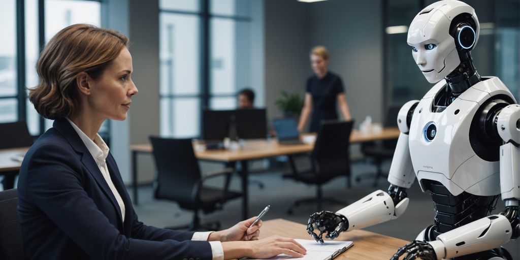 Business professional with humanoid robot in office