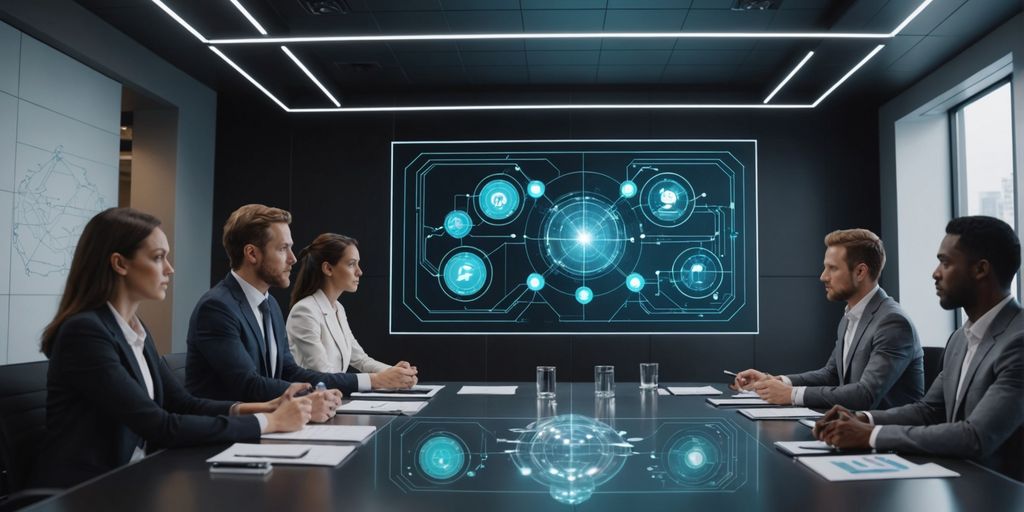 Professionals discussing with a holographic AI interface.