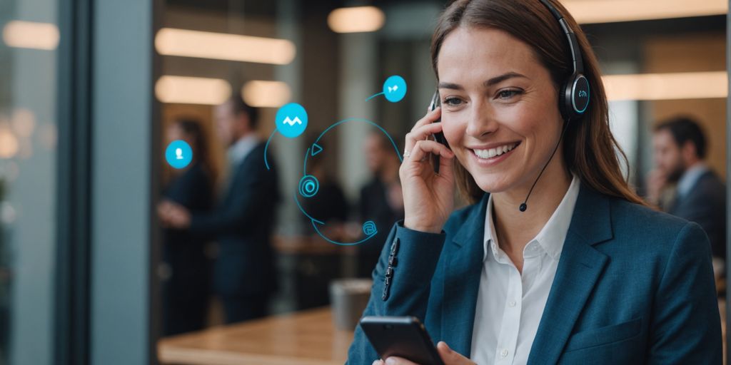 Professional listening to voicemail with AI interface overlay.