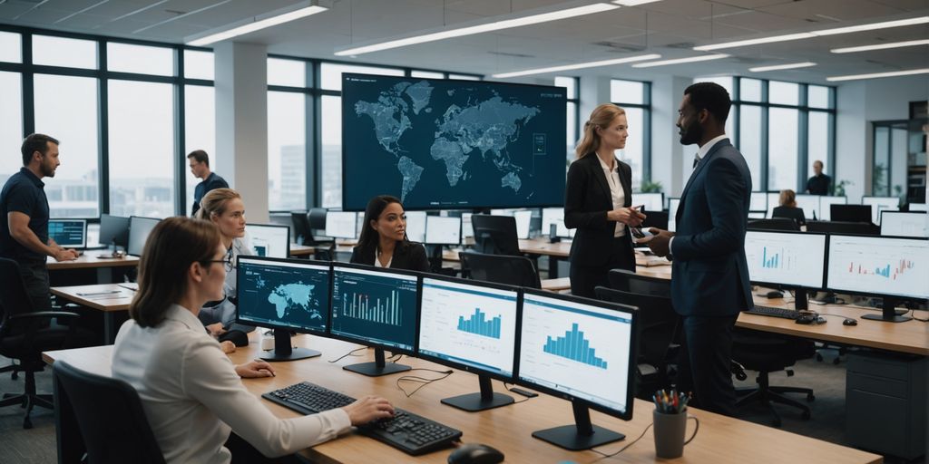 Team collaborating with AI insights on screen.