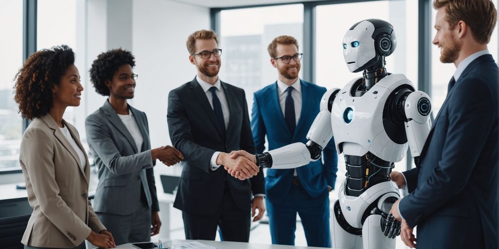 AI robot in suit shaking hands with professionals