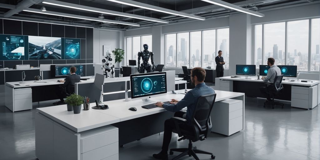 AI robots collaborating with humans in a modern office.