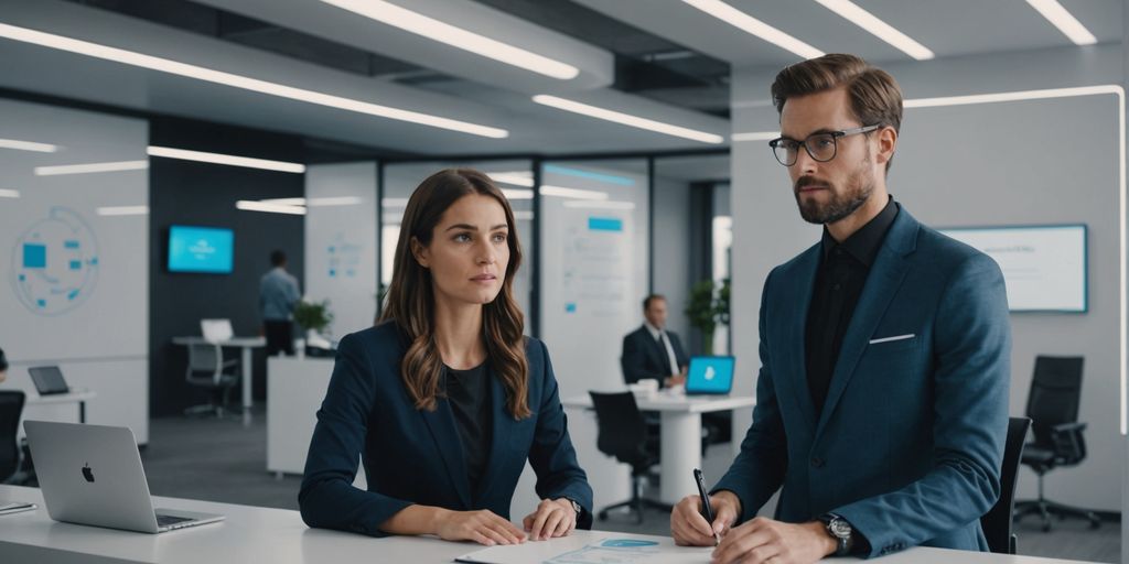 AI receptionist in office with human brainstorming