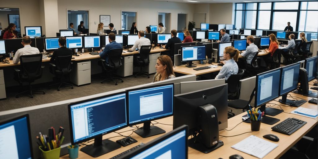 Office with employees working on computers.