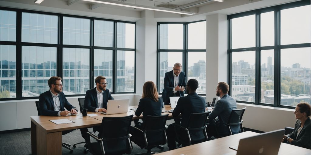 Business meeting discussing software solutions.