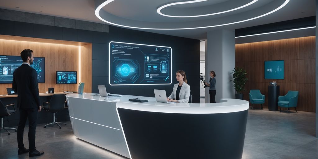 AI receptionist in modern office with creative human