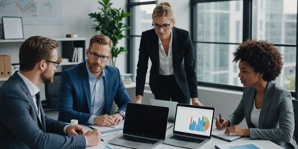 Team discussing sales strategies in a modern office