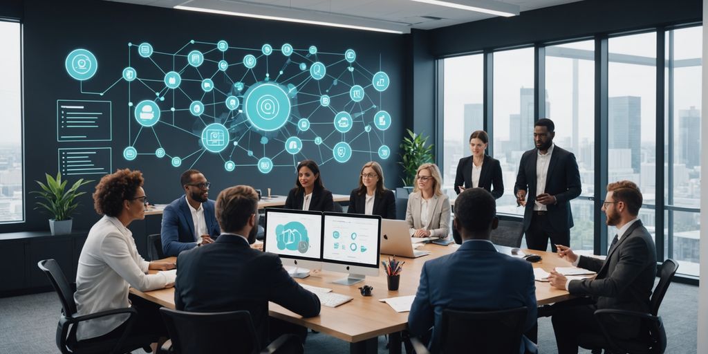 Professionals collaborating with AI interfaces.