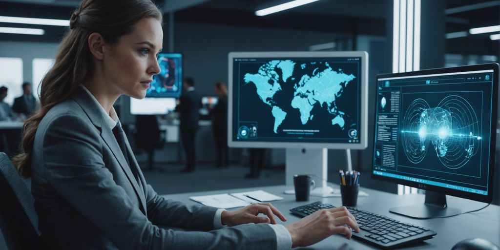 Professional customizing AI interface on computer in modern office.