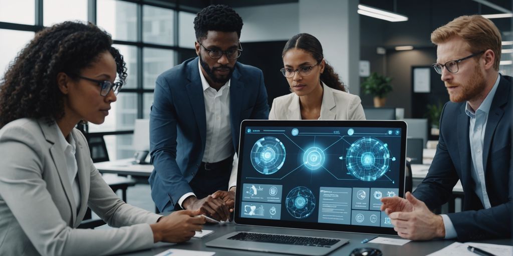 Professionals collaborating with AI technology in an office.