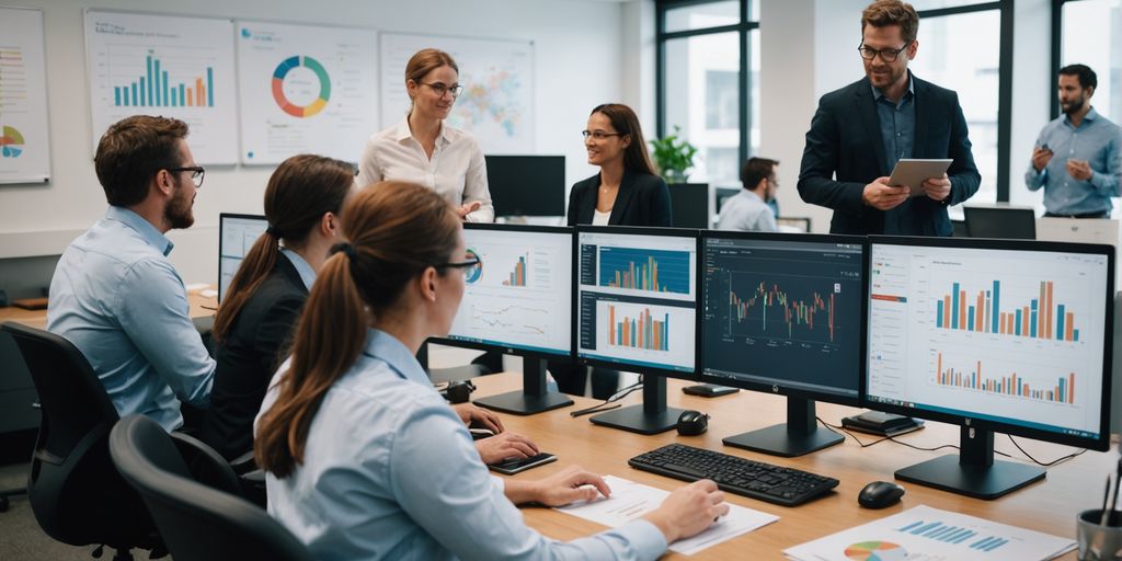 Professionals discussing and analyzing data in an office.