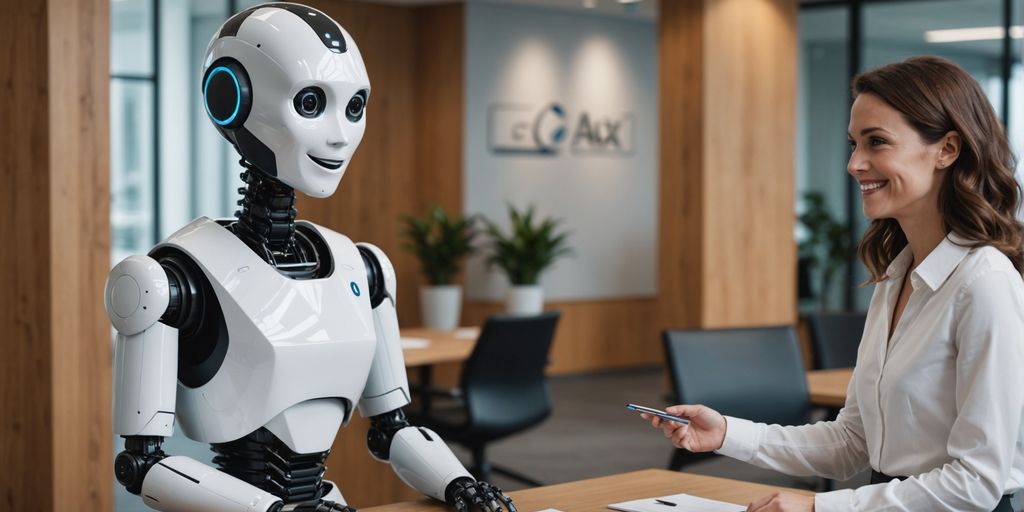 AI robot and human at office reception