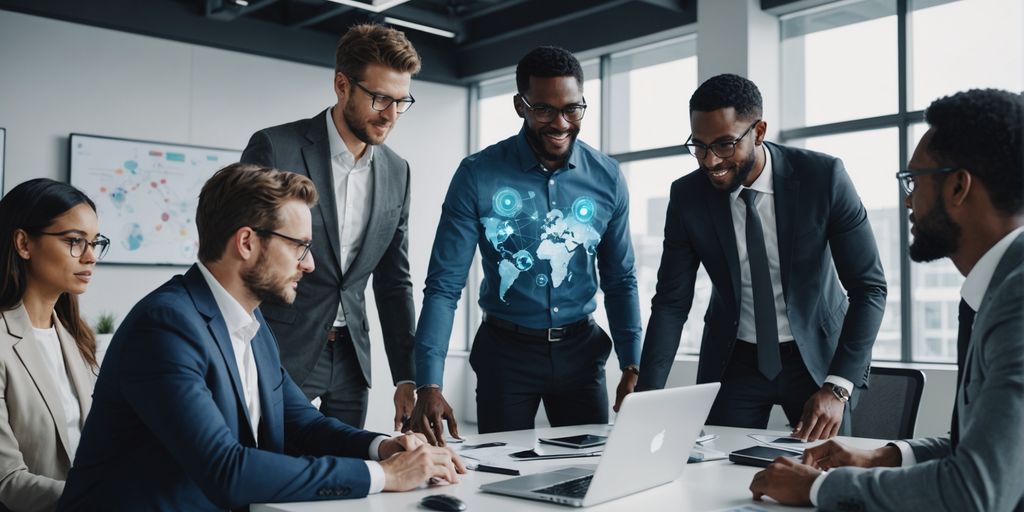 Business team collaborating with AI interface elements.