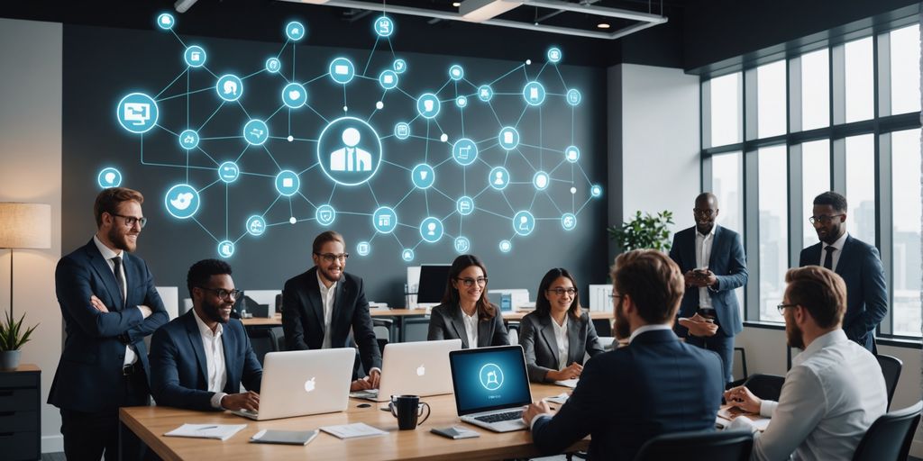 Business professionals collaborating with digital communication icons.