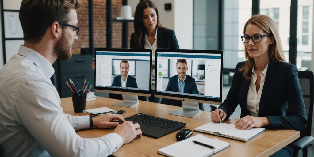 Professional showing virtual phone system to clients