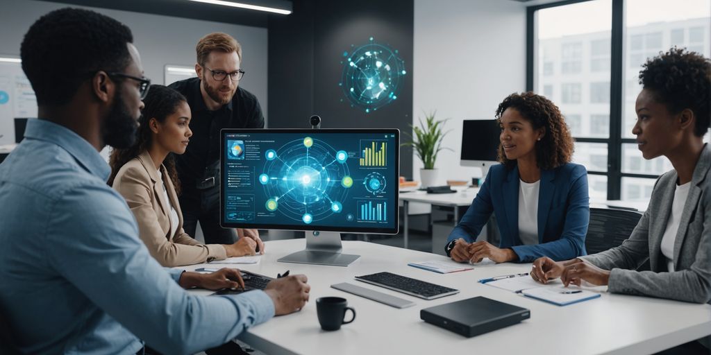 Professionals collaborating with AI holograms in an office.