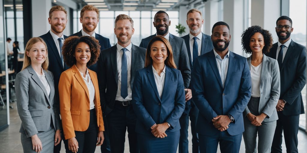 Diverse business professionals in modern office symbolizing global collaboration.