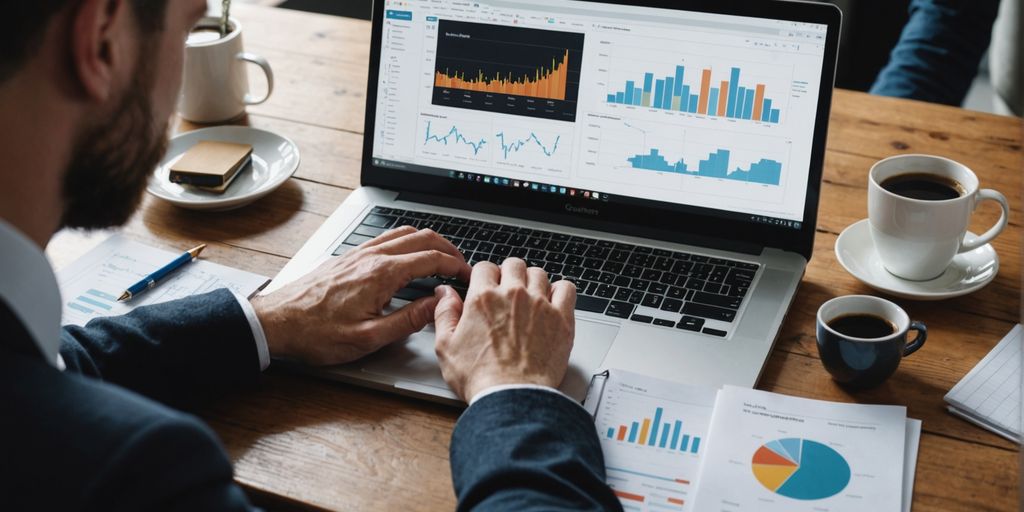 Person working on laptop with charts and notes