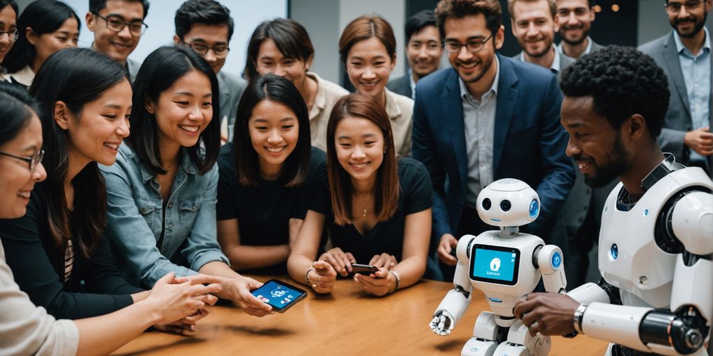 Diverse group with AI robot symbolizing global communication.