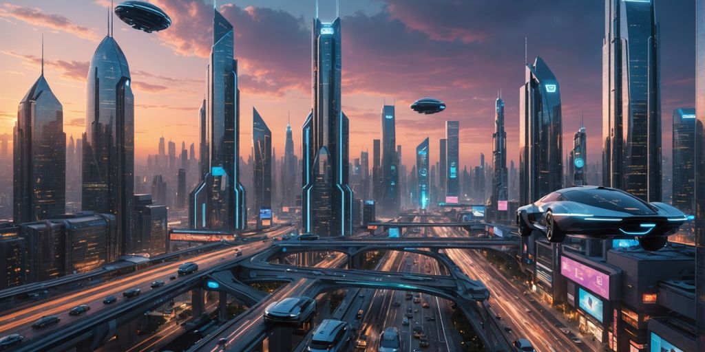 Futuristic cityscape with glowing skyscrapers and flying cars.