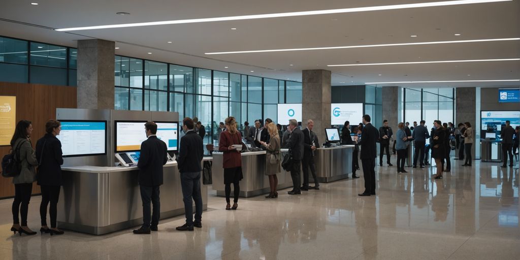 Modern office lobby with people and digital kiosk