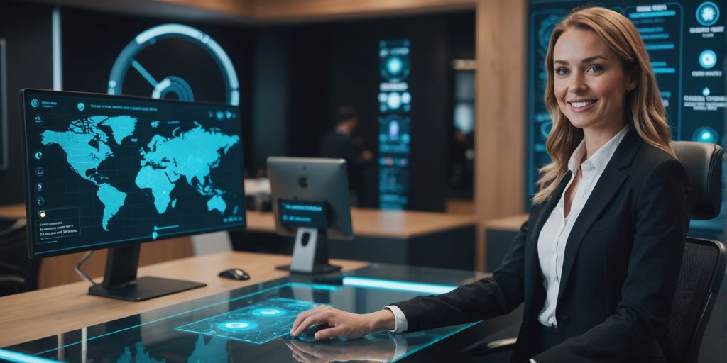 Receptionist with futuristic AI interface