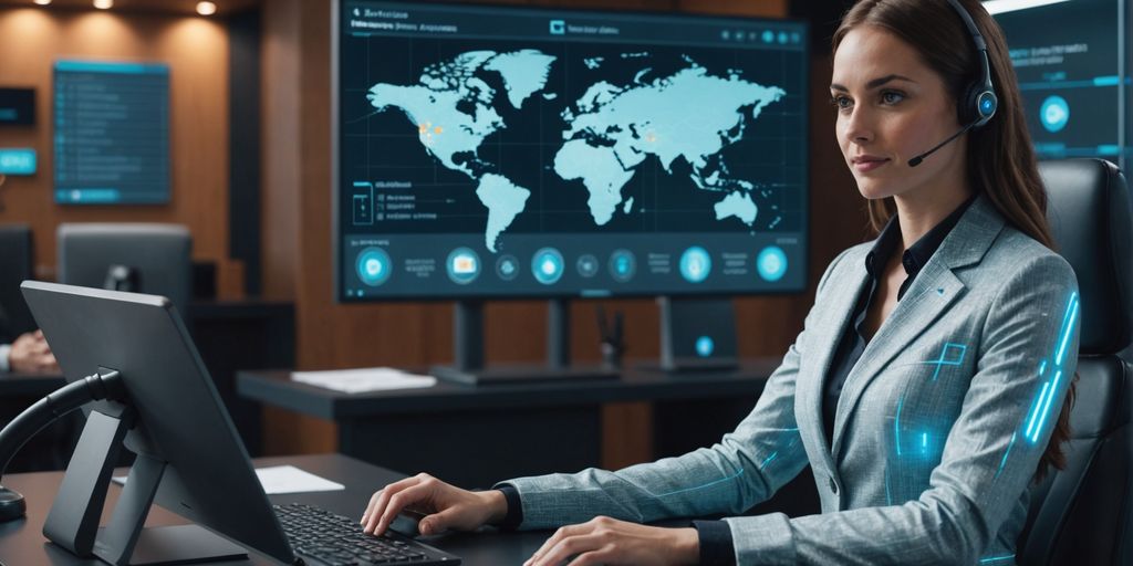 Receptionist with futuristic holographic interface