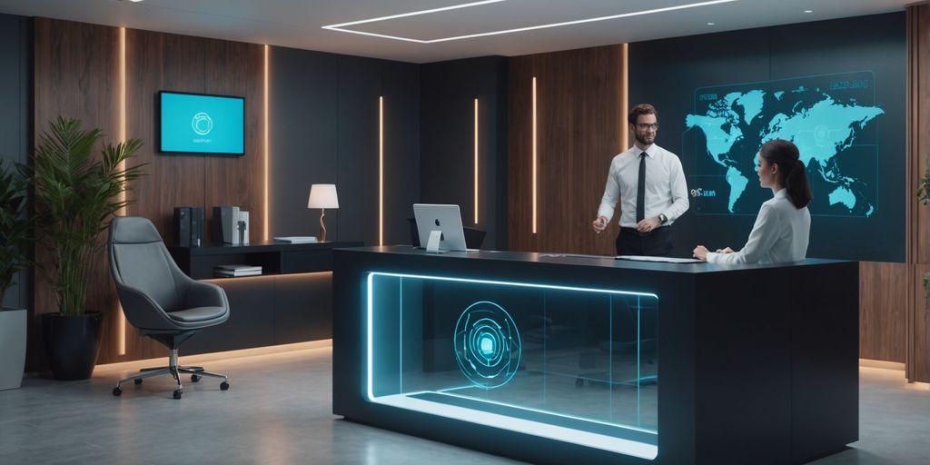 AI hologram assisting receptionist in modern office.