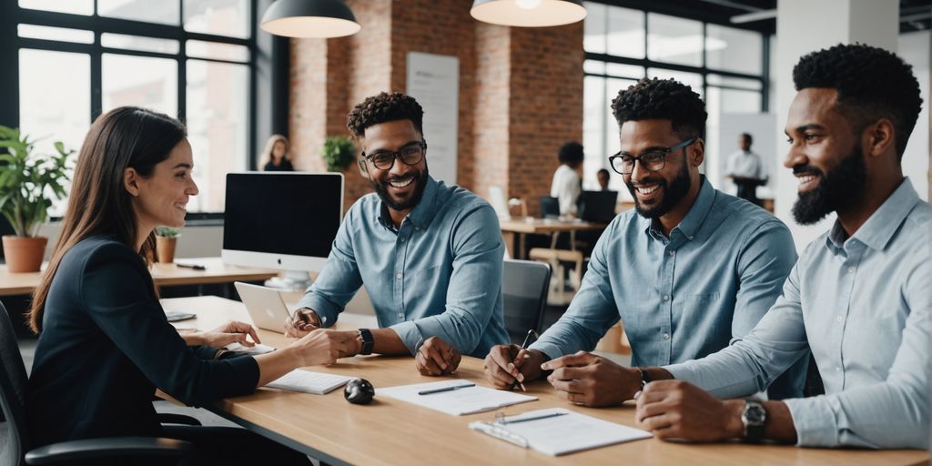 Modern office with employees using AI-driven contact management.