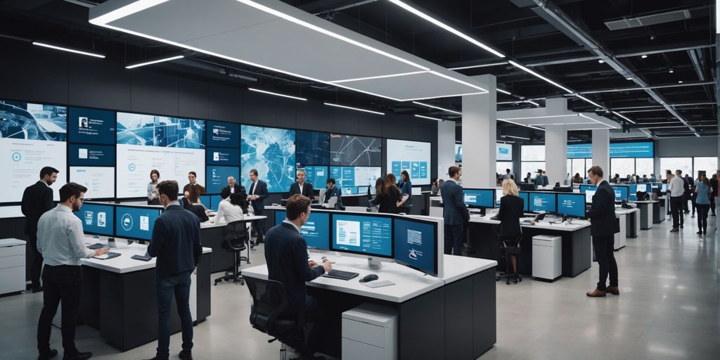 Modern office with AI kiosks and digital screens.