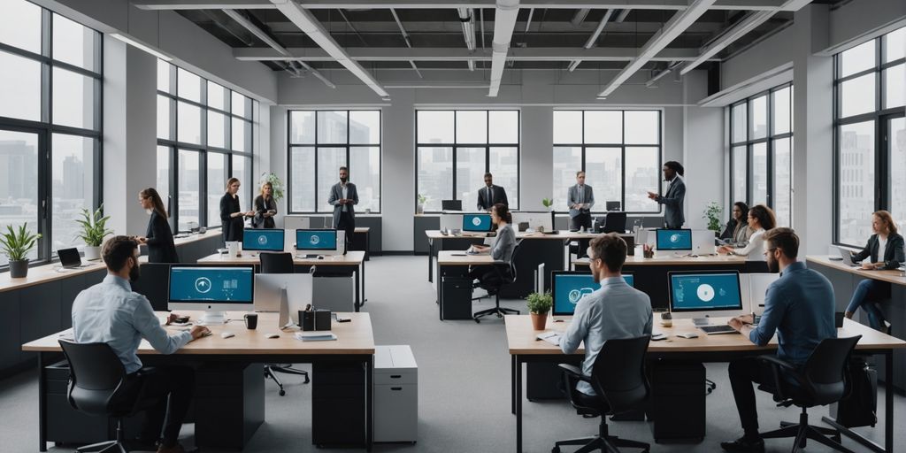 Professionals collaborating in a modern office with tech devices.