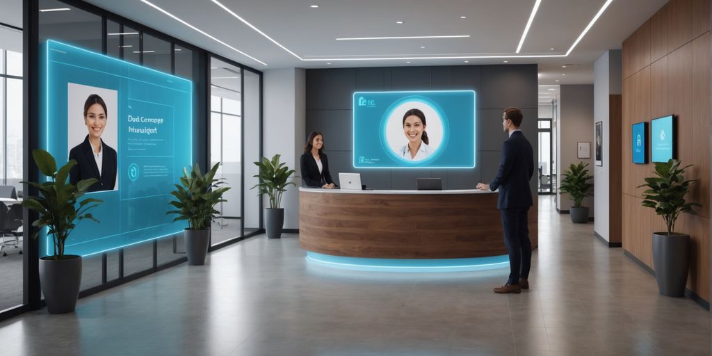 AI virtual receptionist in modern office lobby.