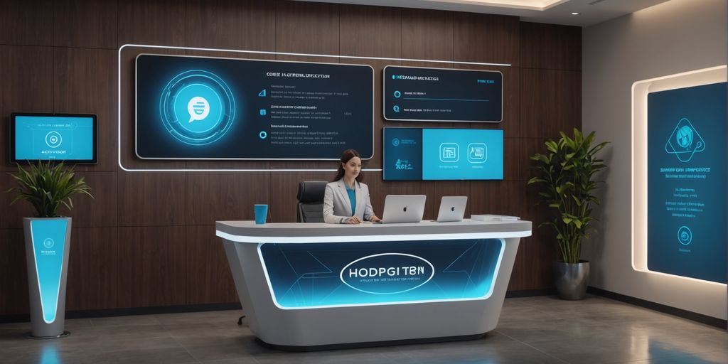 AI hologram assisting receptionist in modern office.