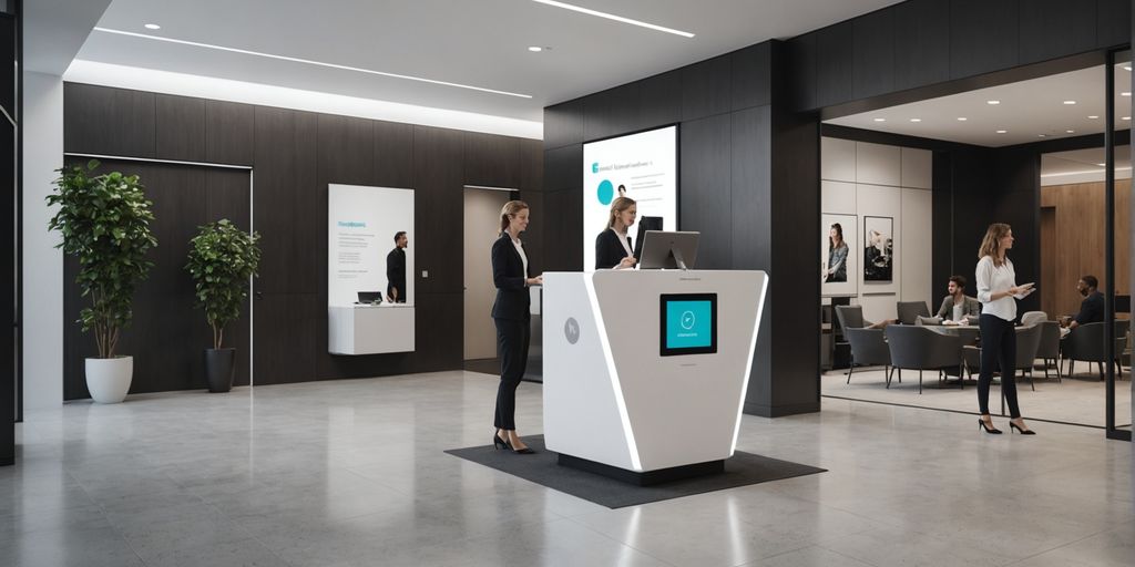 AI receptionist kiosk in a modern office lobby